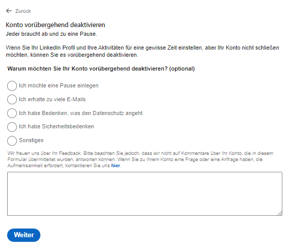 LinkedIn Profil vorrübergehend deaktivieren als Alternative zum LinkedIn Profil löschen LinkedIn Profil vorrübergehend deaktivieren als Alternative zum LinkedIn Profil löschen