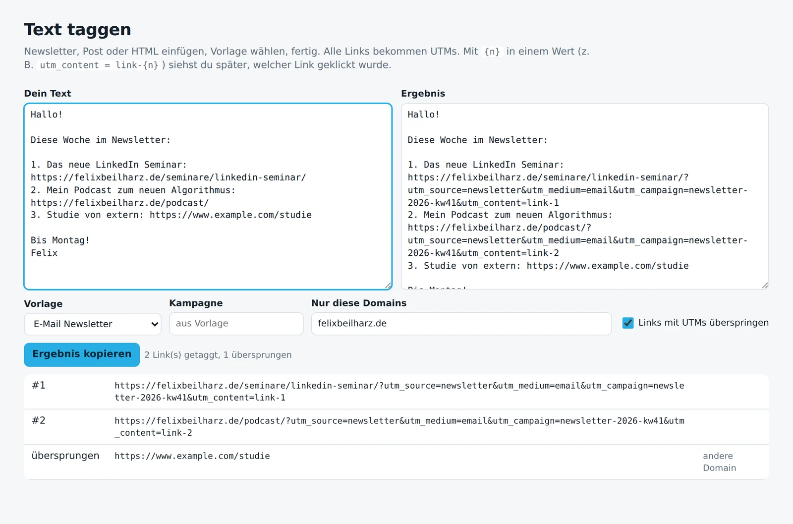 Funktion Text taggen: Newsletter-Text, in dem alle eigenen Links automatisch UTM-Parameter bekommen