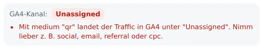 Warnung im Tool: Mit utm_medium qr landet der Traffic in GA4 unter Unassigned