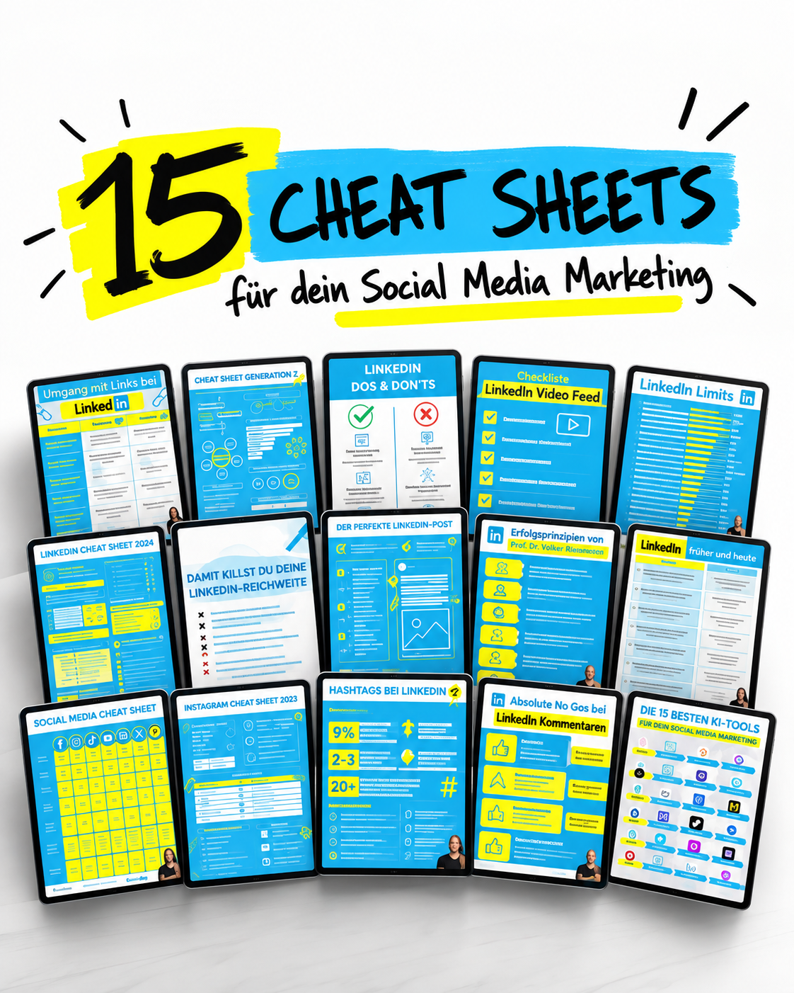 15 Cheat Sheets für dein Social Media Marketing: Übersicht der Cheat Sheets zu LinkedIn, Instagram, Generation Z und KI-Tools